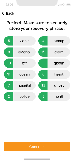 Screen showing that the recovery phrase has been tapped in the correct order