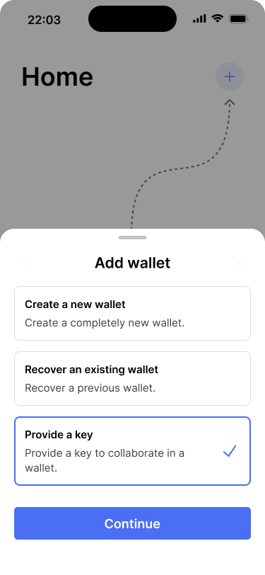 Screen showing different options for adding a wallet, including the option to provide a key.