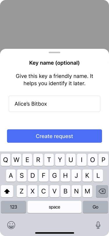 Screen showing the option to enter a custom name for the key.
