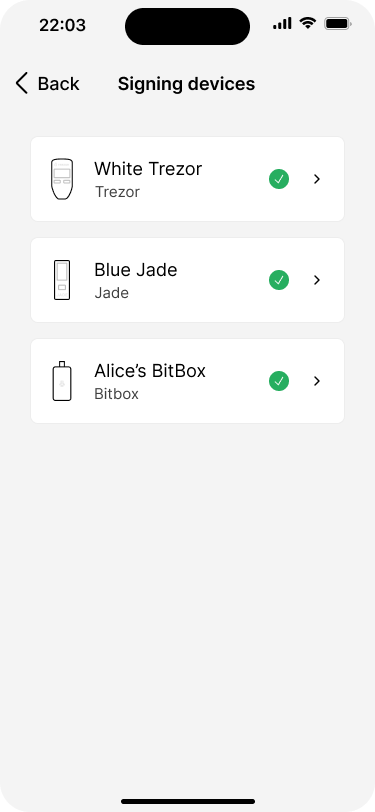 Settings detail screen showing all registered signing devices, including the newly added device, which is called Blue Jade.